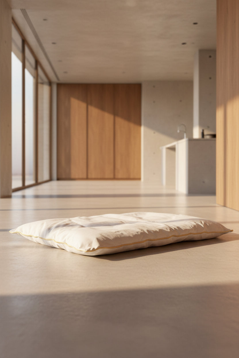 A white quilted mattress topper or mattress pad with a thin gold trim, shown resting on a light gray floor in front of a wooden cabinet.